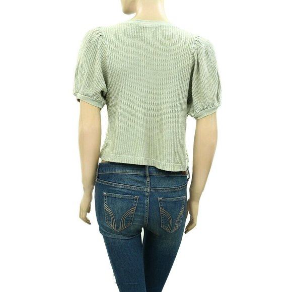 Free People FP One Hayden Waffle Thermal Blouse Top Puff Sleeve Knit M - Picture 4 of 5